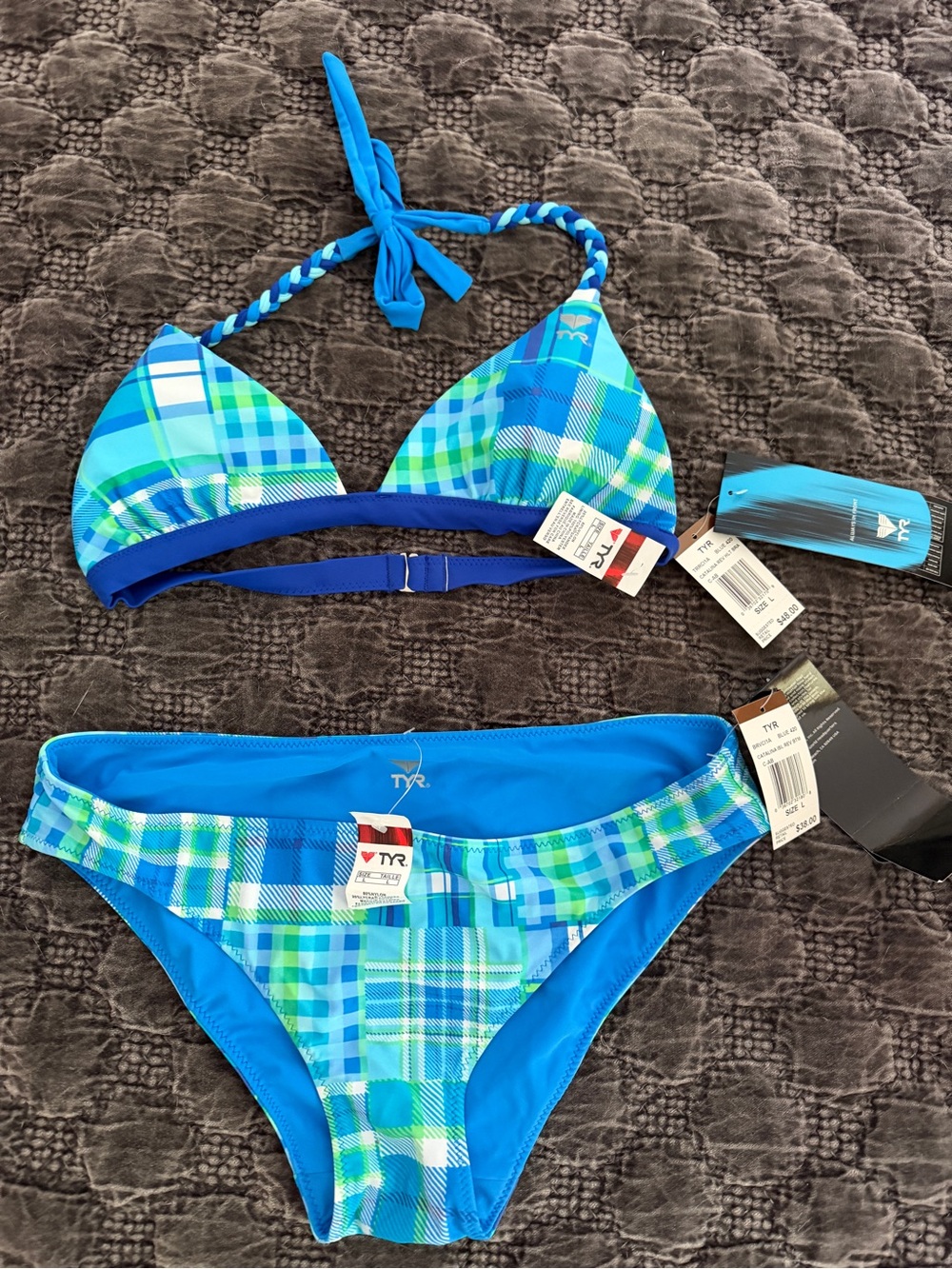 TYR NWT Blue and Green reversible Plaid Bikini size Large